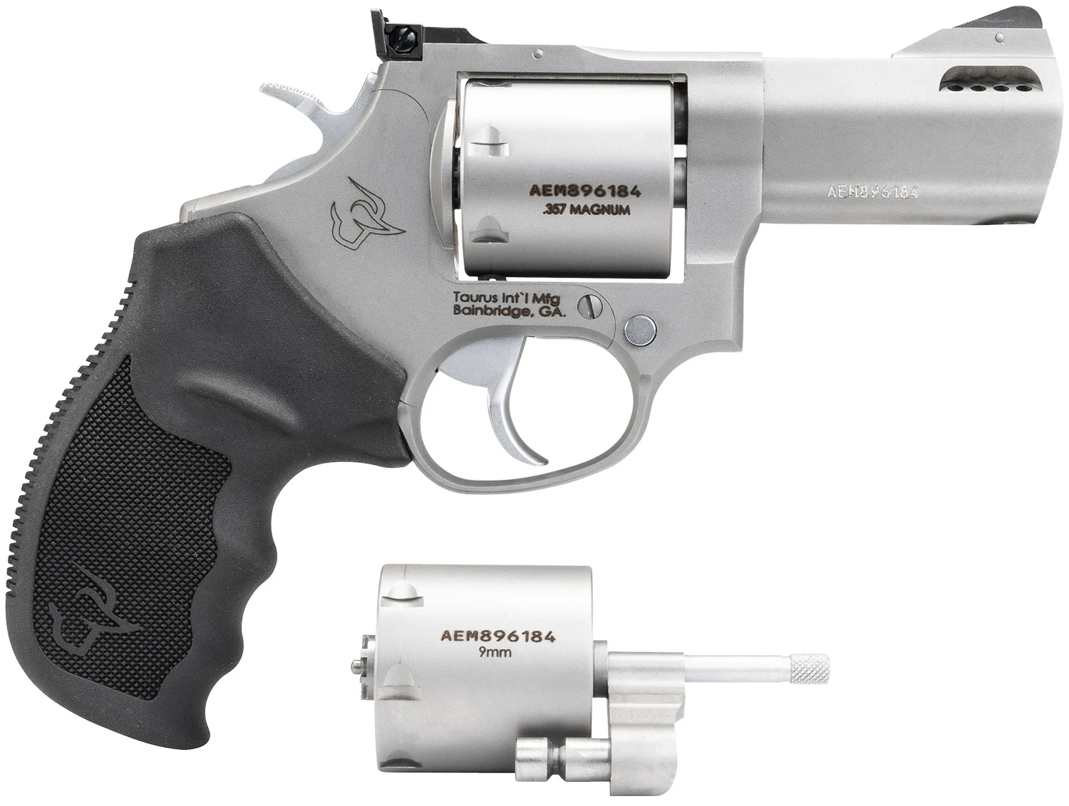 Taurus 2-692039 692 Medium 38 Special +P/357 Mag/9mm Luger 7 Shot 3" Matte Stainless Ported Barrel, Cylinder & Frame, Black Ribber Grip, Transfer Bar Safety, Exposed Hammer, 2 Cylinders