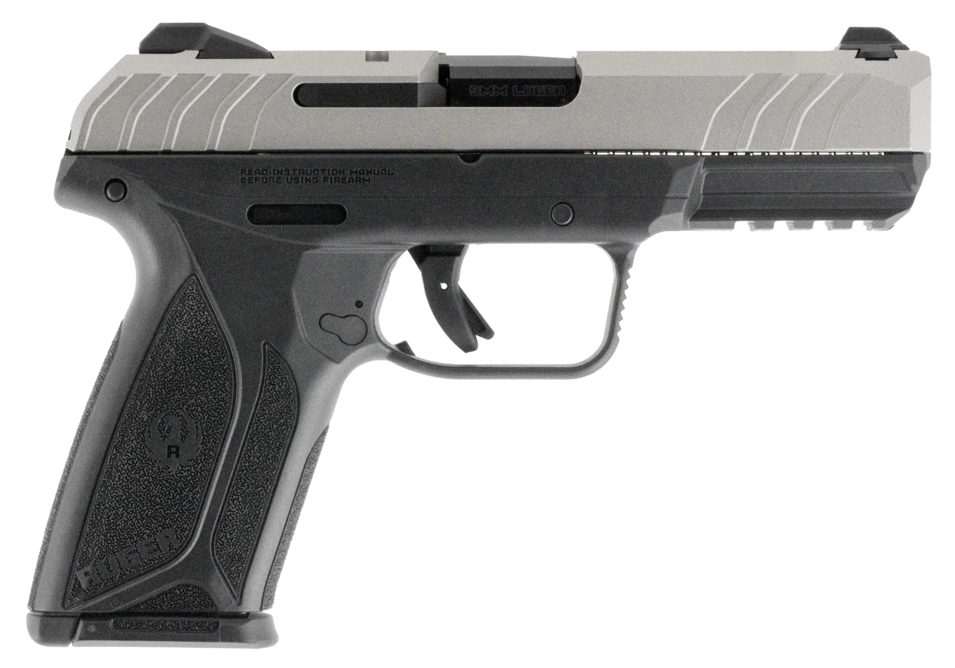 Ruger 3822 Security-9 Sports South Exclusive 9mm Luger 15+1 4" Blued Alloy Steel Barrel, Silver Cerakote Serrated Steel Slide, Black Polymer Frame w/Picatinny Rail, Black Polymer Grip, Right Hand