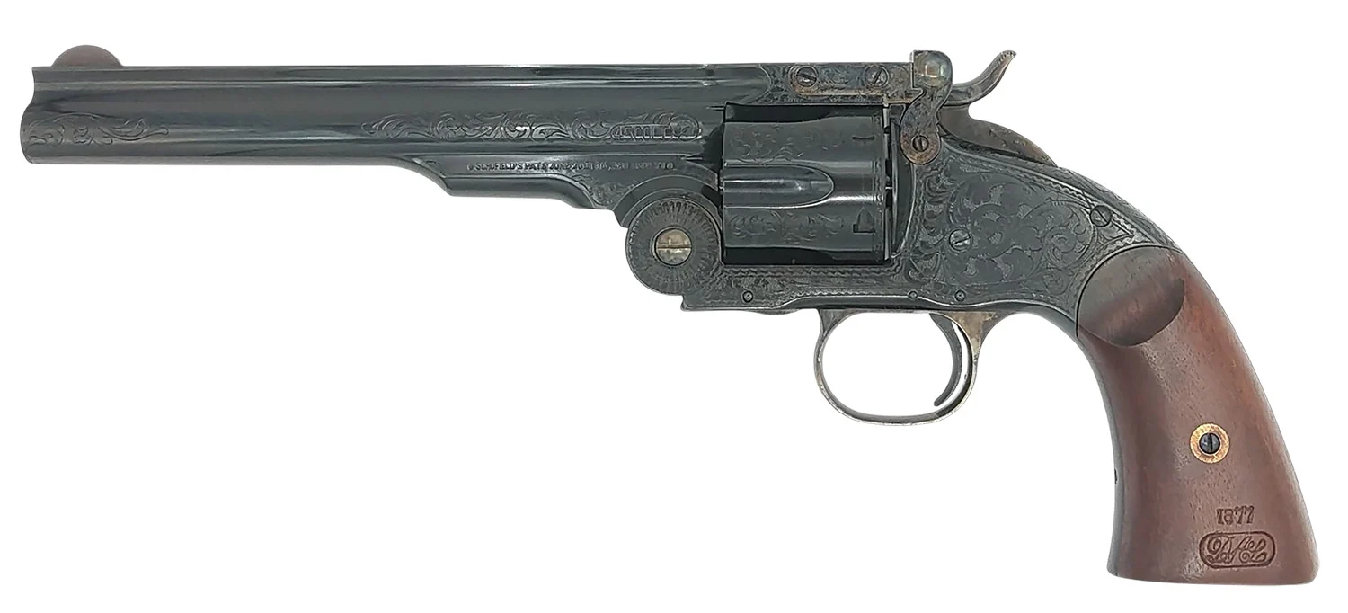 Taylors & Company 550652 Top Break Schofield 44-40 Win Caliber with 7" Barrel, 6rd Capacity Cylinder, Overall Blued Engraved Finish Steel & Walnut Grip