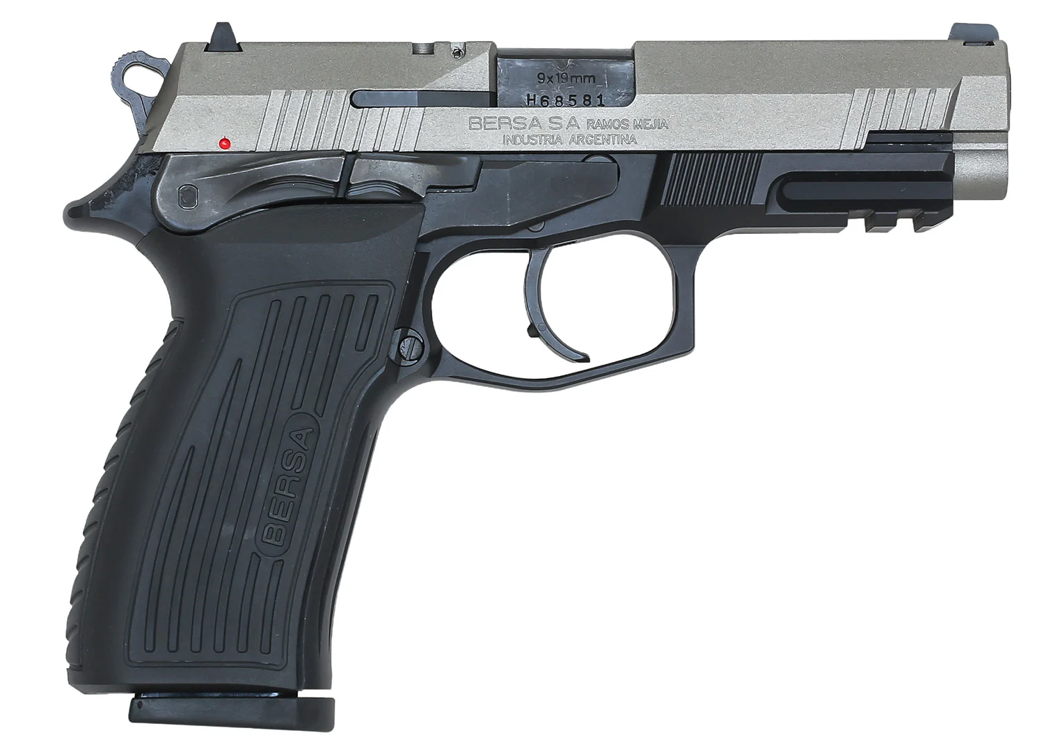 Bersa TPR9DT TPR Full Size Frame 9mm Luger 17+1, 4.30" Black Steel Barrel, Nickel Cerakote Serrated Steel Slide, Matte Black Aluminum Frame w/Picatinny Rail, Ambidextrous