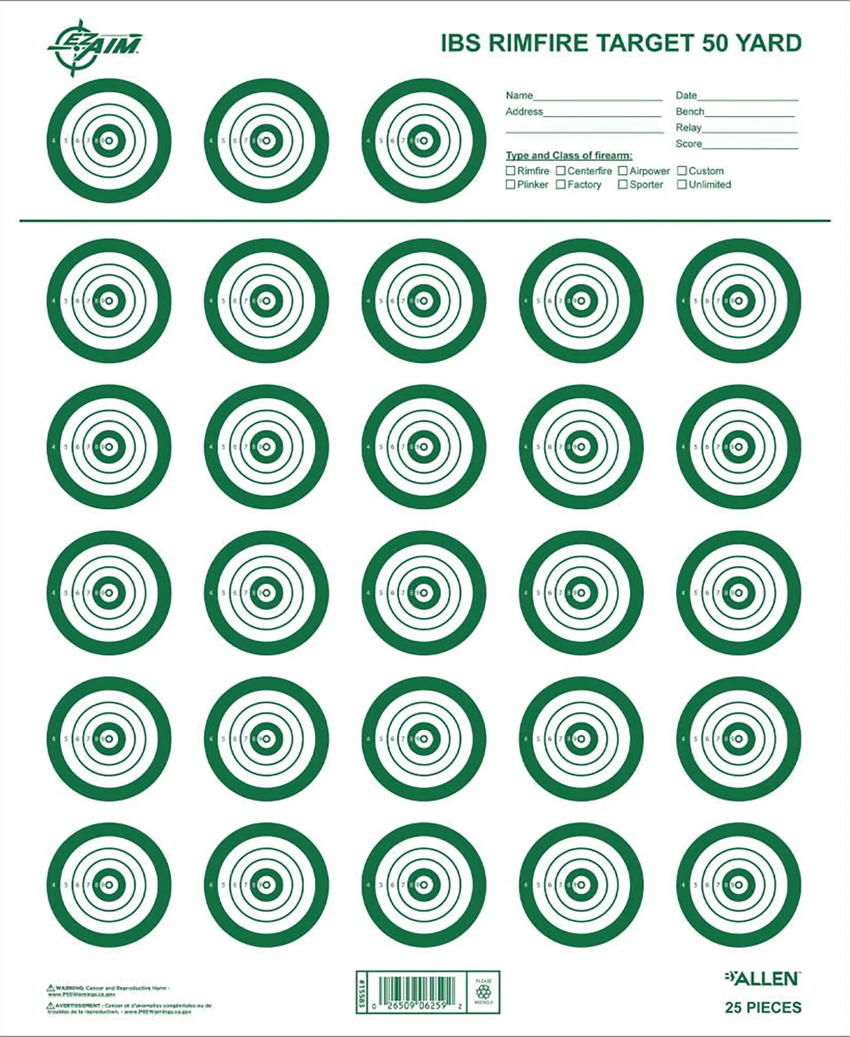 EZ-Aim 15582 Official IBS Rimfire Target Non-Adhesive White/Green 25 Pack