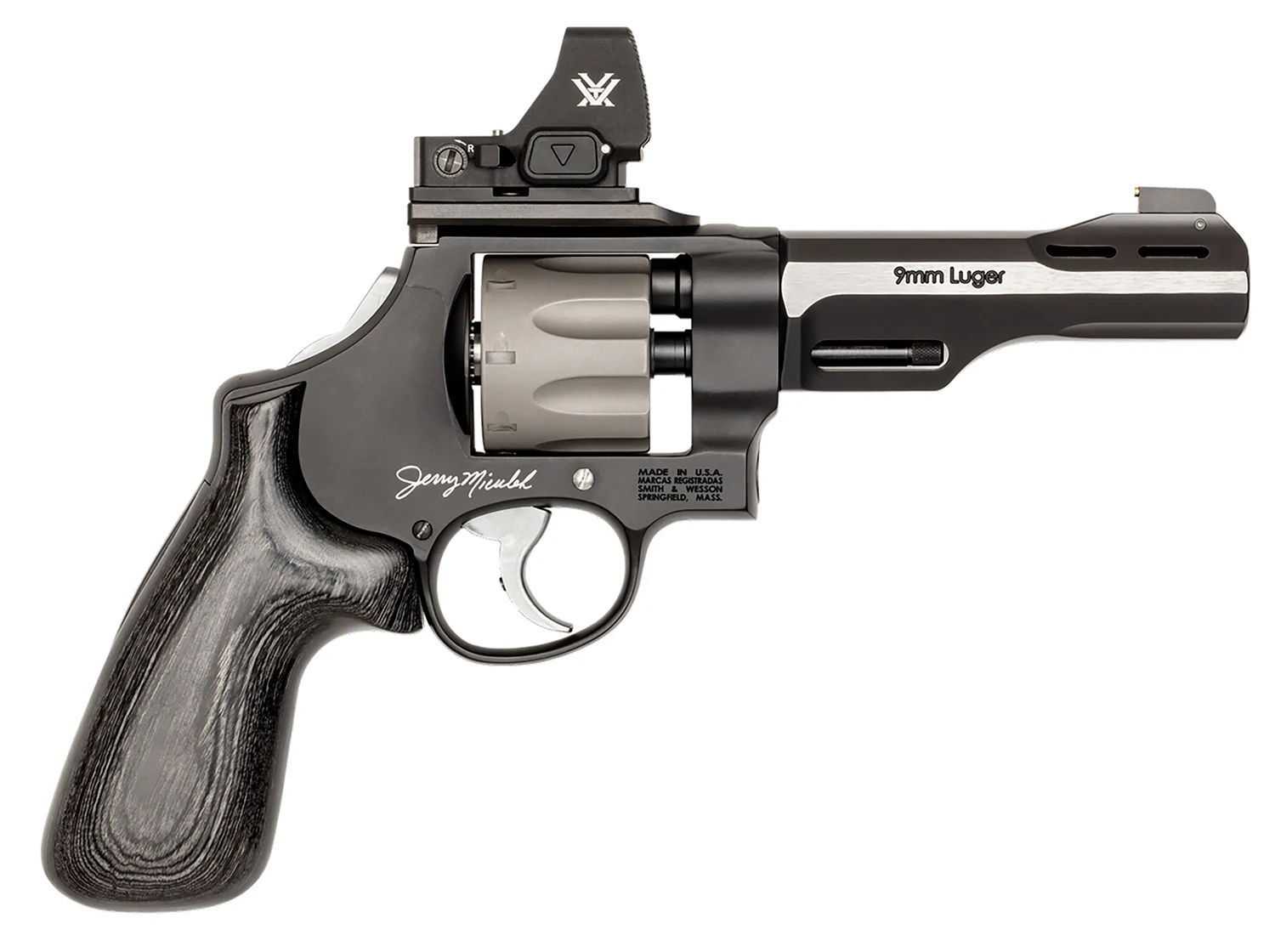 Smith & Wesson 14045 PC Model 327 w/Optic N-Frame 9mm Luger 8 Shot 5" Black/SS Ported Barrel, Black Scandium Alloy Frame, JM Signature Black Laminate Grip, Vortex CompDot, C.O.R.E Optic System