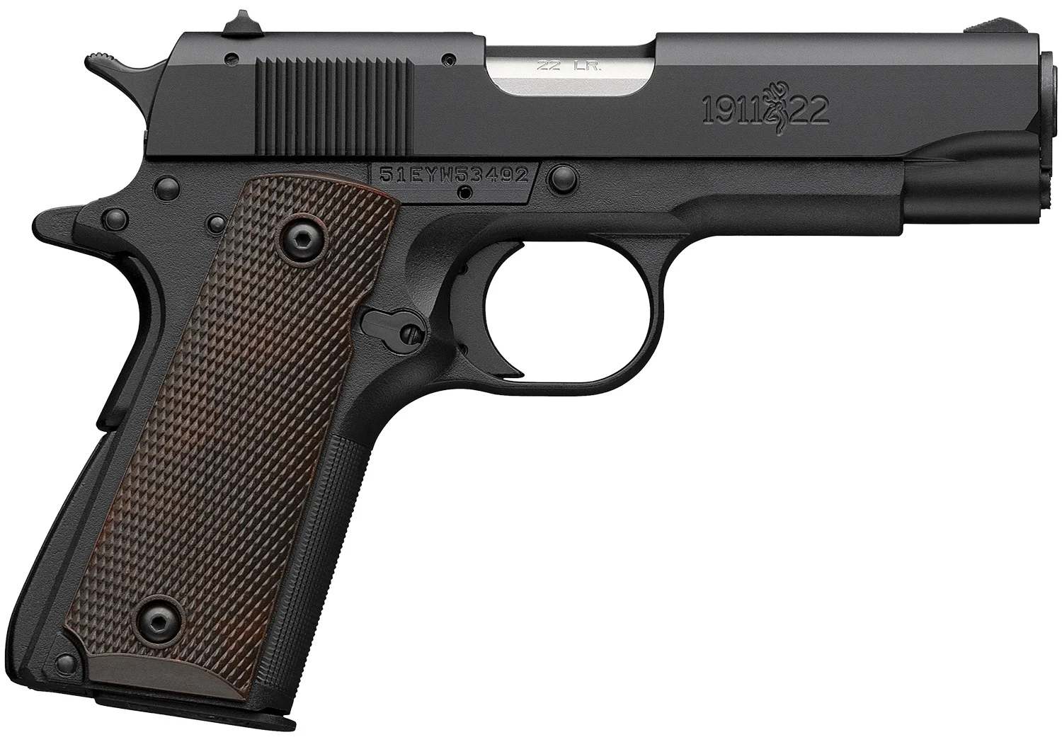 Browning 051064490 1911 A1 Compact Frame 22 LR 10+1 3.63" Stainless Steel Barrel, Matte Black Serrated Slide, Matte Black Polymer Frame, Brown Composite Grip