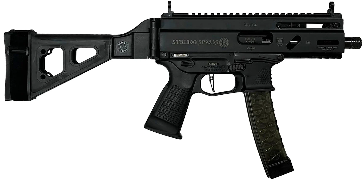 Grand Power 810091152836 Stribog SP9A35S 9mm Luger 30+1 8" Black Picatinny Rail Receiver, SB Tactical Brace, Black Polymer Grip