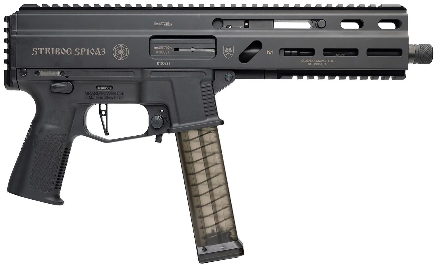 Grand Power 810091157152 SP10A3 Stribog 10mm Auto 20+1 8" Black Threaded Barrel, Black Aluminum Picatinny Rail Receiver, Rear picatinny Rail, Black Polymer Grip, Thread Protector