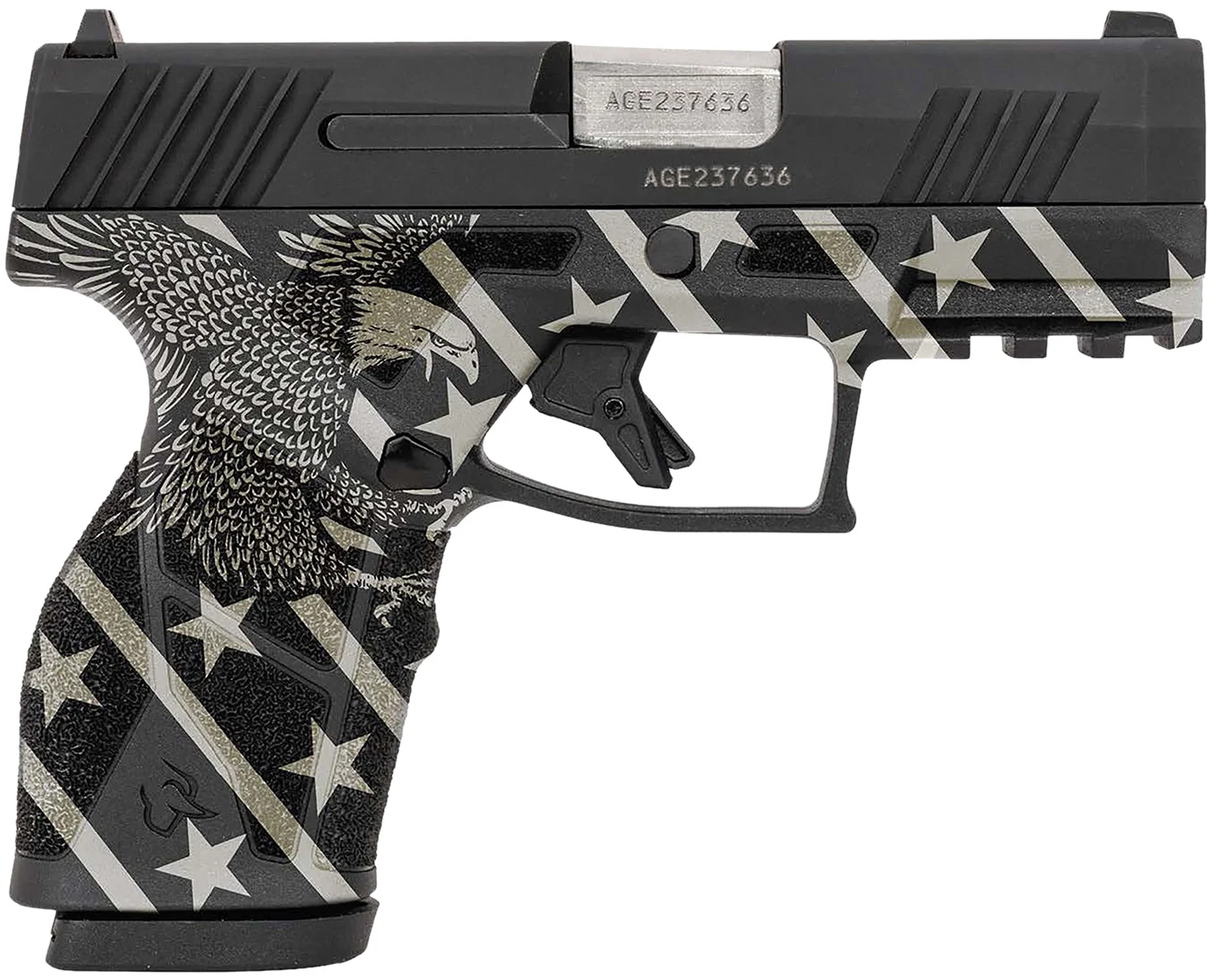 Taurus 1-GX2931-EN1 GX2 Compact Frame 9mm Luger 13+1 3.38" Stainless Steel Barrel, Matte Black Serrated Alloy Steel Slide, Black w/Eagle, Stars & Stripes Polymer Frame w/Accessory Rail
