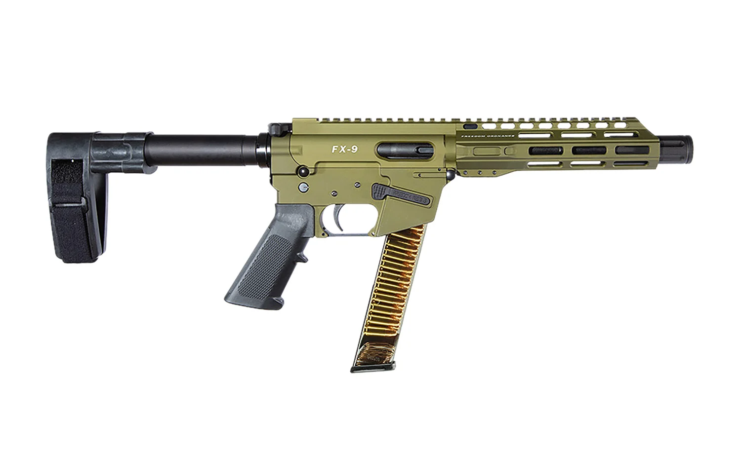 FREEDOM ORDNANCE FX9P8SBM-ODG FX9 9mm Luger 32+1 8" Black Nitride Barrel, M-LOK Handguard, OD Green Aluminum Receiver w/Picatinny Rail, OD Green Polymer SB Mini Brace, Black AR15 Grip