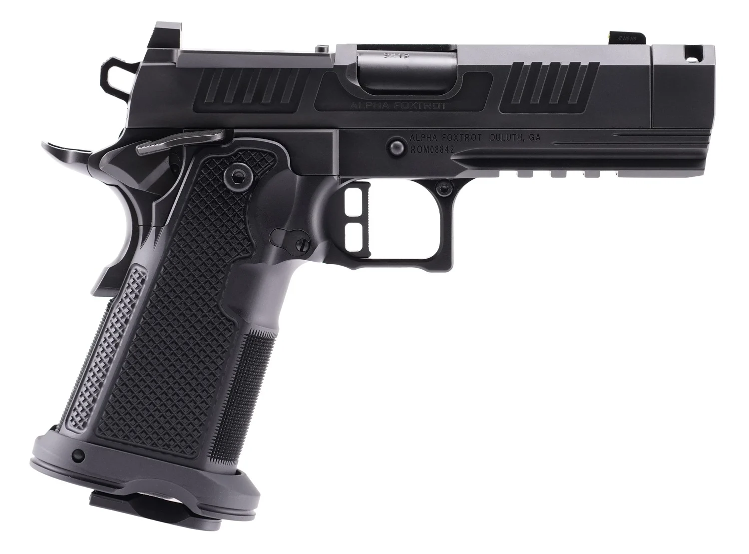 Alpha Foxtrot AA47X1QIG-XDBK19 AF1911 Romulus 9mm Luger 20+1 3.50" Black DLC Stainless Steel Threaded Compensated Barrel, Optic Ready/Serrated Slide & Frame w/Beavertail & Picatinny Rail, Aluminum Gri