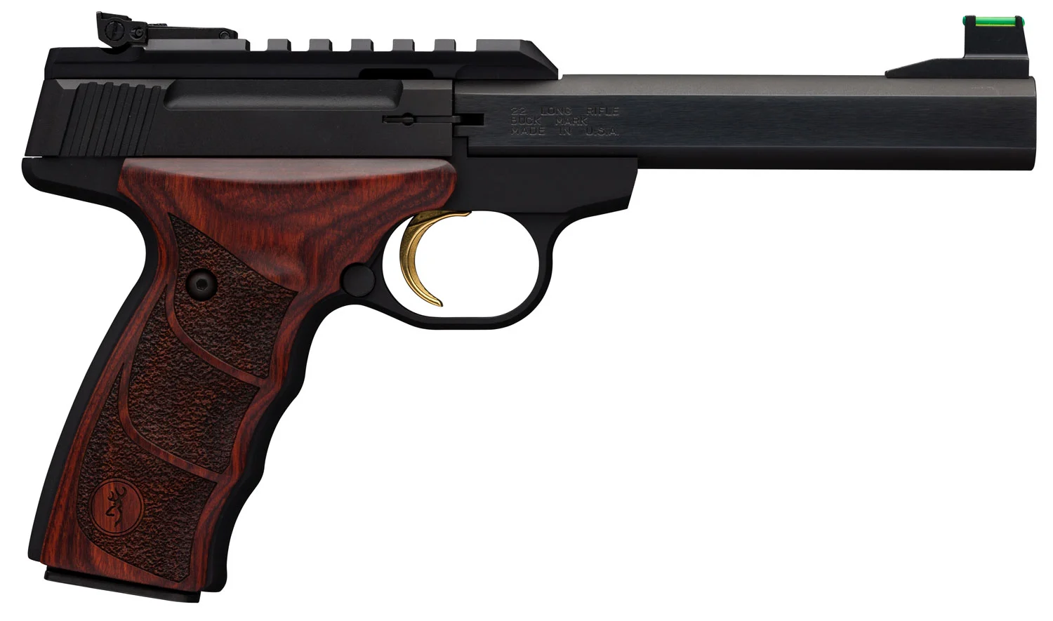 Browning 051533490 Buck Mark Plus 22 LR 10+1 5.50" Slab Side Barrel Matte Black Serrated Steel/Optic Ready Slide & Aluminum Frame Rosewood Finger Grooved Ultragrip DX Grip