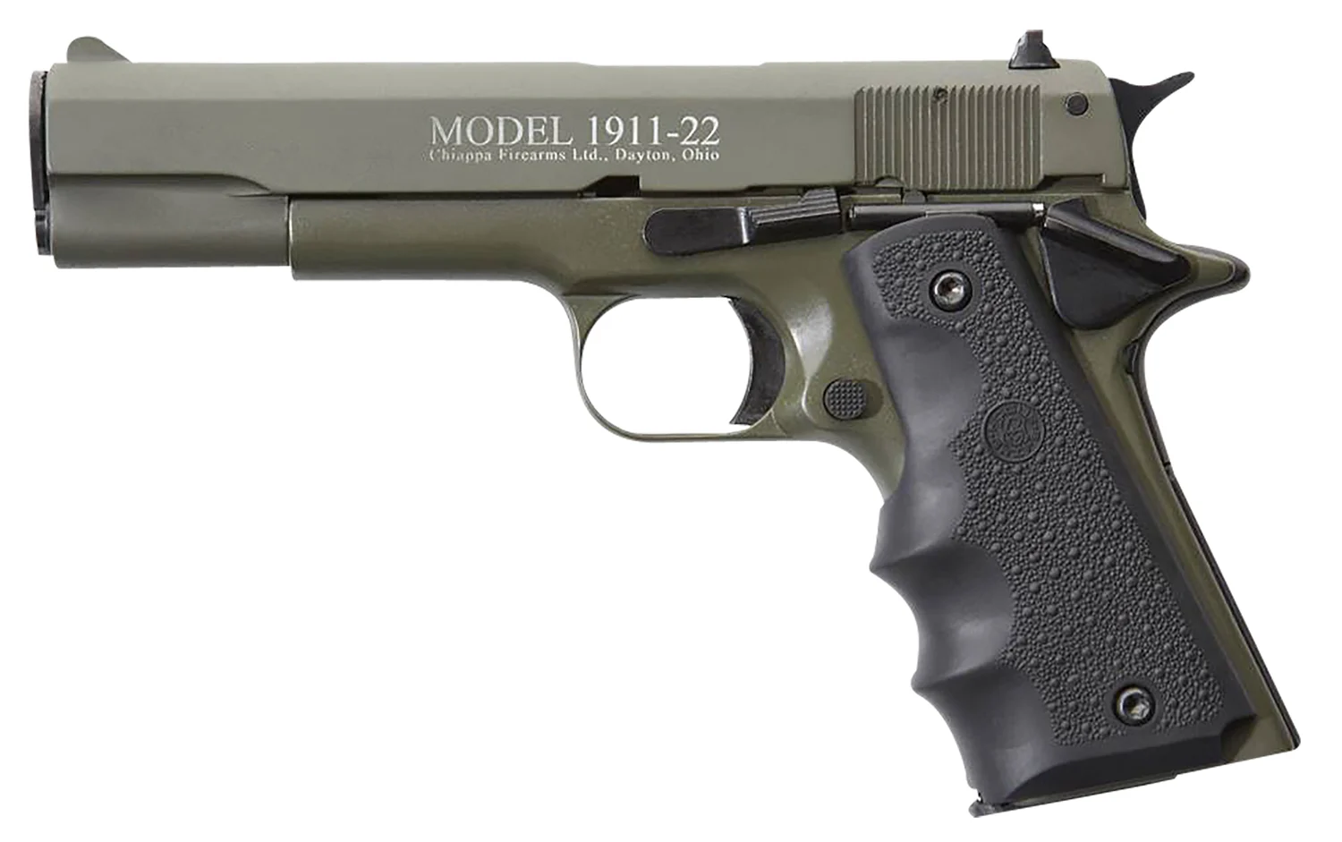 Chiappa Firearms 401121 1911-22 22 LR 10+1 5" OD Green Serrated Steel Slide & Beavertail Frame, Black Hogue Rubber w/Finger Grooves Grip