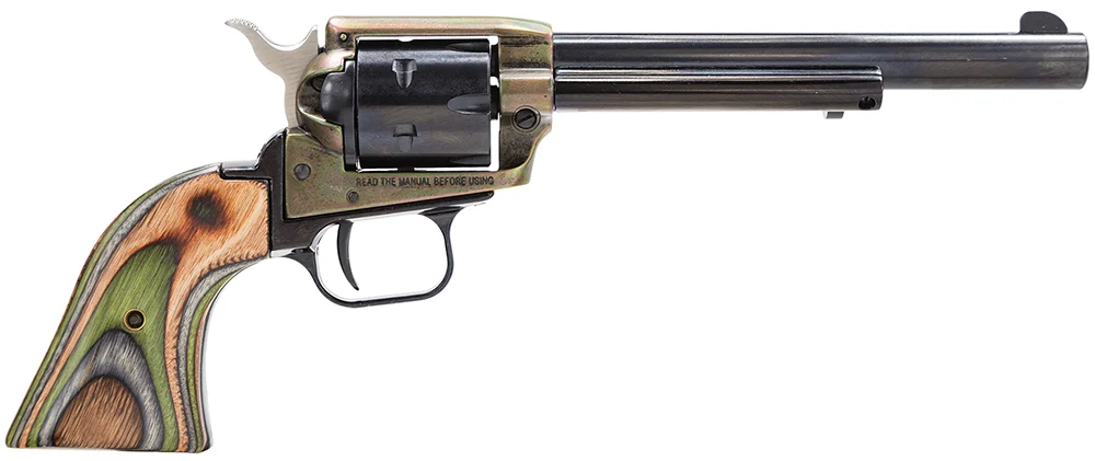 Heritage Mfg RR22CH6 Rough Rider 22 LR 6 Shot, 6.50" Black Oxide Steel Barrel, Simulated Case Hardened Zinc Alloy Frame, Black Oxide Cylinder, Camo Laminate Grip, Manual Safety, Exposed Hammer