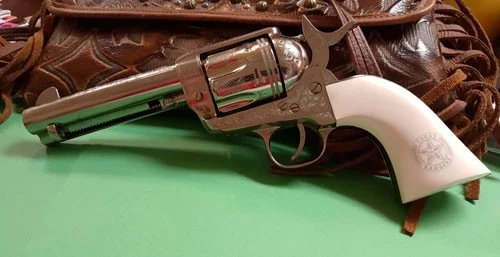 Cimarron, Texas Rangers, 45 LC PW FS, 4.75" Barrel, Engraved Nickel - Image 4